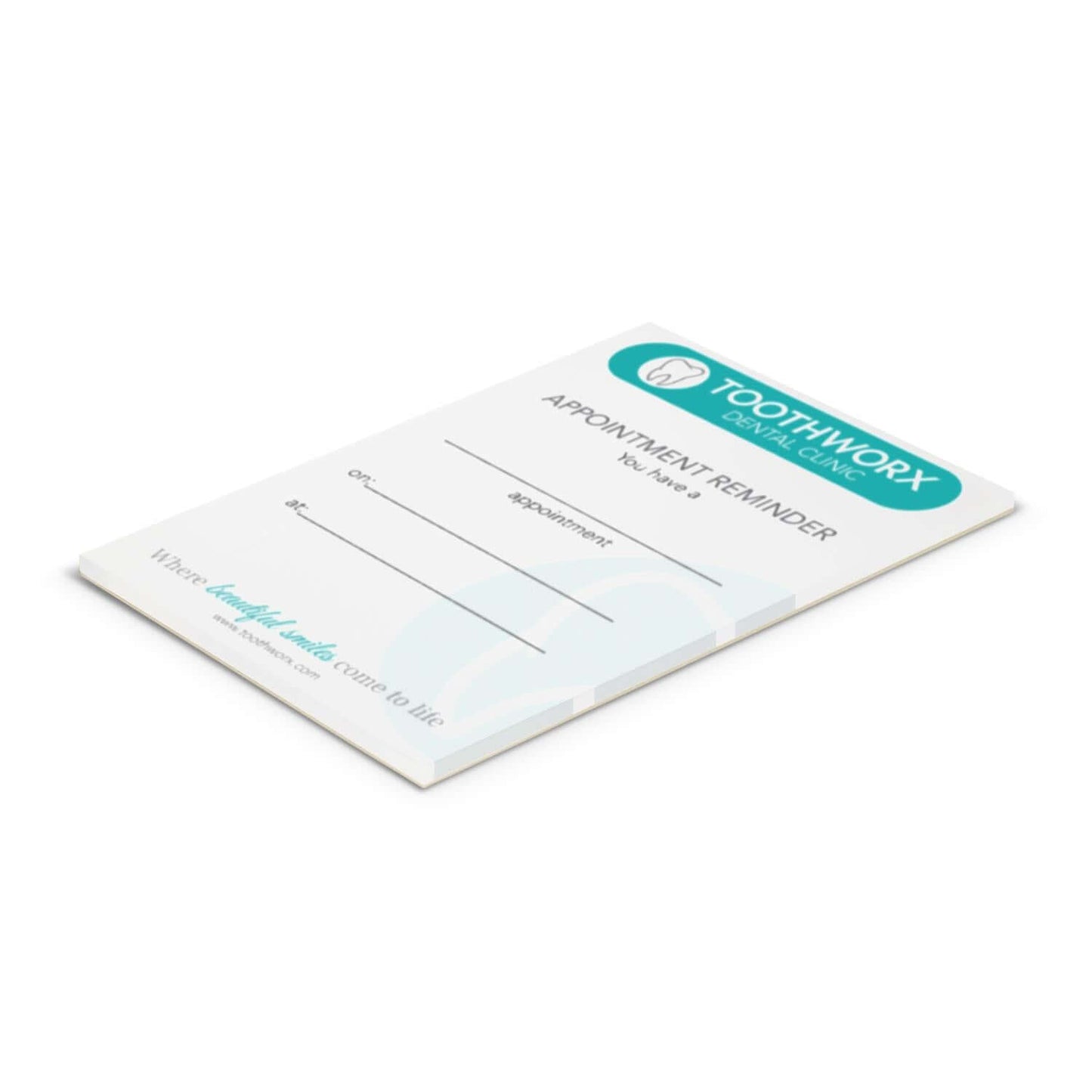 A7 Note Pad - 25 Leaves featuring an appointment reminder layout with Toothworx branding.