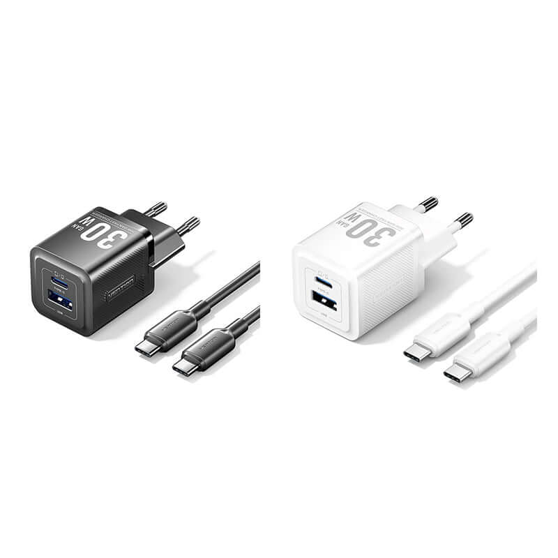 Vention 2-Port GaN Charger (30W) with Cable (1M) in black and white with connectors.