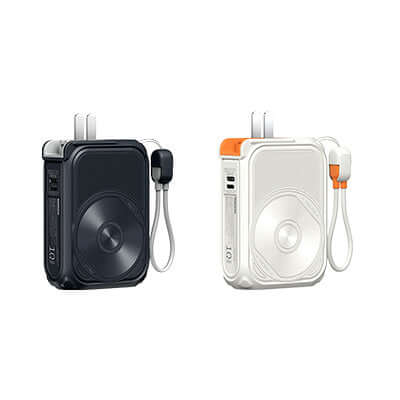 Remax RPP-116 Powerbank with Wall Plug 10000mAh in black and white, featuring wireless charging and detachable cord.