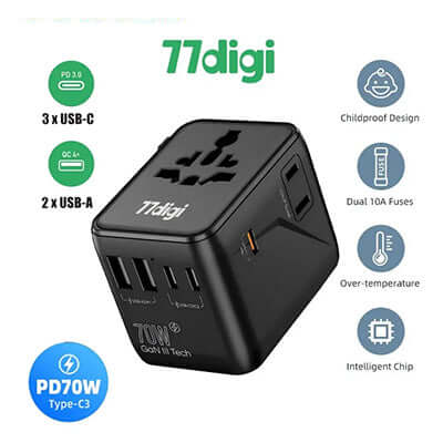 77digi 70W 3 Type-C + 2 USB Travel Adapter WWA70 with childproof design and intelligent chip features.