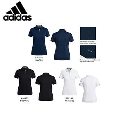 adidas SS Polo Shirt collection showcasing navy, black, and white colors, suitable for casual and corporate gifts.