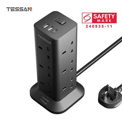 TESSAN Socket Tower 12 Ways Outlet Extension Plug with Multi Plugs showing USB ports and Safety Mark.