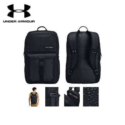 Under Armour Triumph Campus Backpack showcasing water-resistant design, laptop sleeve, and side water bottle pocket.