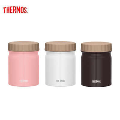 Thermos JBT-400 Food Jar in pink, white, and black colors, perfect for one-portion meals and as a corporate gift.