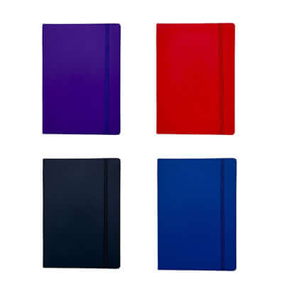 A5 PU Notebook with Elastic Band in purple, red, navy, and blue colors, perfect for corporate gifts.
