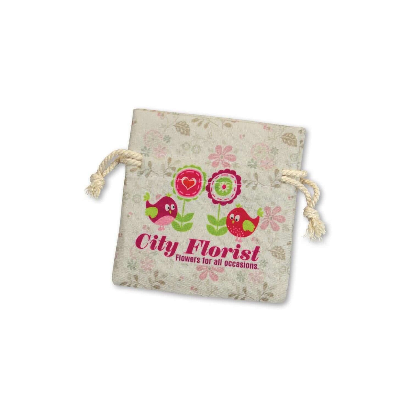 Turin Cotton Gift Bag - Small with floral design and drawstrings, ideal for corporate gifting.