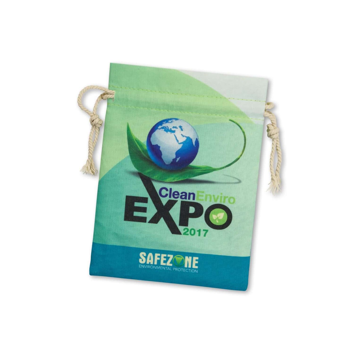 Turin Cotton Gift Bag - Medium with vibrant design featuring CleanEnviro Expo 2017 logo and white drawstrings.