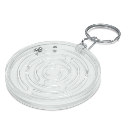 Puzzle Key Ring featuring a clear maze design with metal ball bearings for stress relief and branding opportunities.