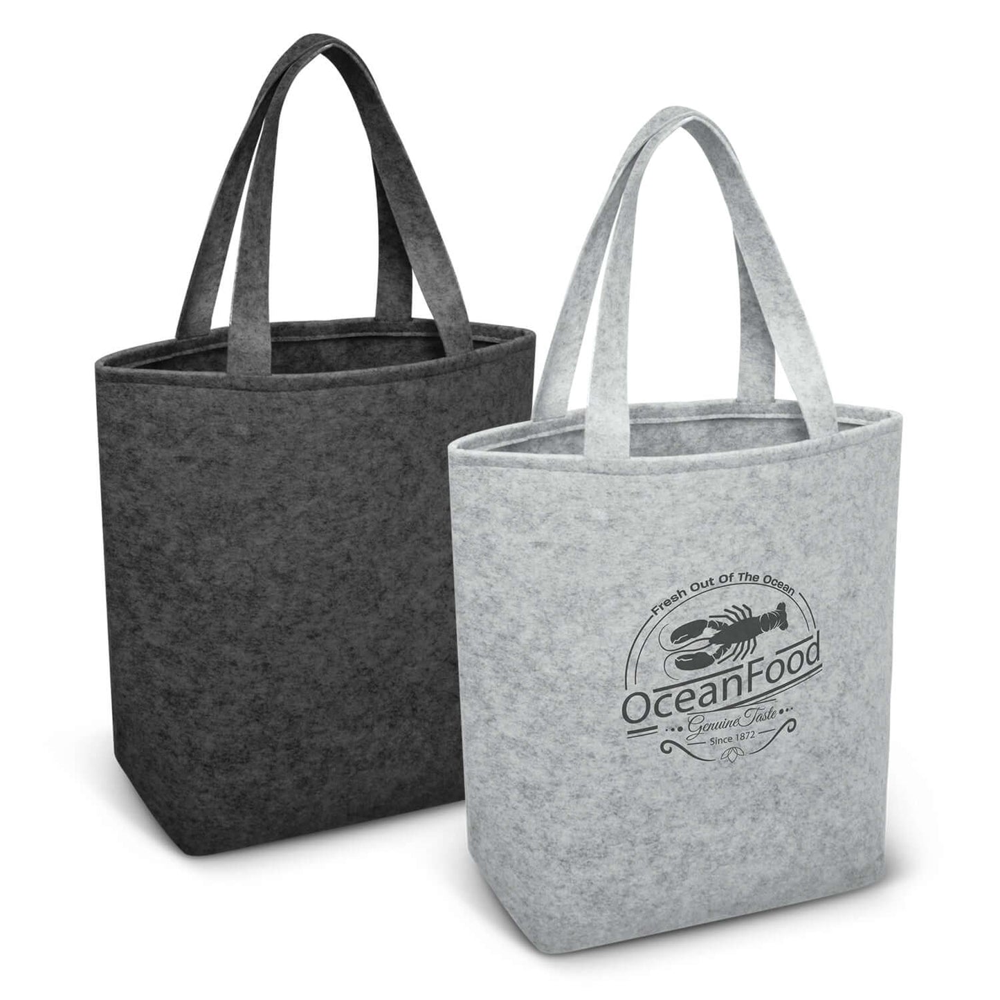 Astoria Tote Bag in gray and black poly-felt, showcasing its stylish design for corporate gifts.