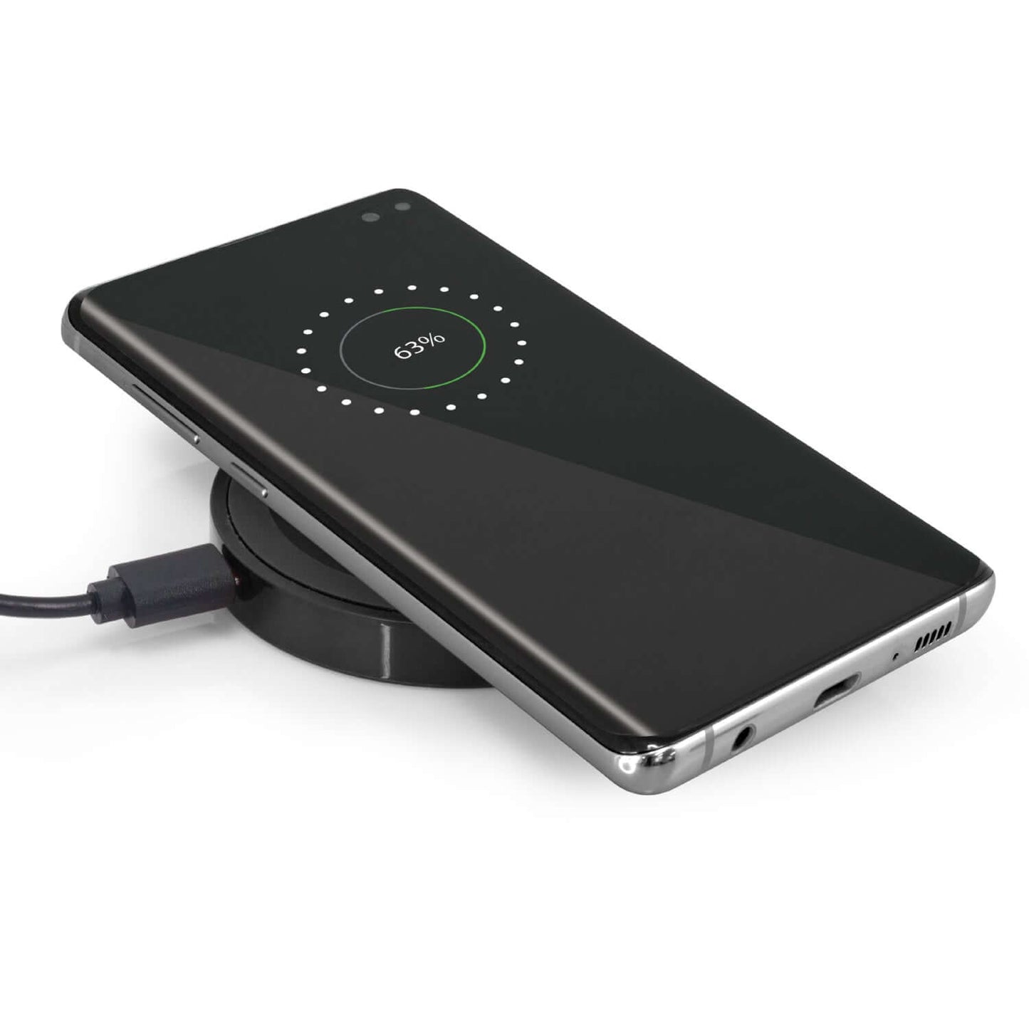 Orbit Wireless Charger charging smartphone with LED indicator showing battery level.