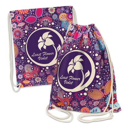 Brazil Cotton Drawstring Backpack with floral design and customizable branding for corporate gifts.