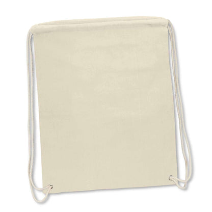 Brazil Cotton Drawstring Backpack in neutral color with durable drawstrings and metal eyelets, perfect for corporate gifts.