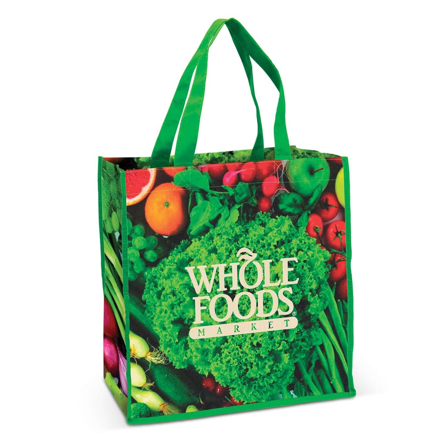 Lorenzo Cotton Tote Bag displayed with vibrant fruits and vegetables, perfect as a corporate gift.
