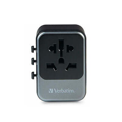 Verbatim 32122 Universal Travel Adapter 28W side view showing multiple power outlets.
