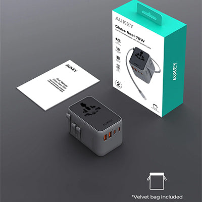 Aukey PA-TA14 Globe Reel 70W GaN Universal Adapter with Retractable Cable