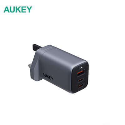 Aukey PA-B6U Omnia II Mix 67W UFCS 3-Port Wall Charger with three USB-C ports.