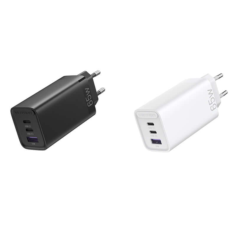 Vention 3-Port USB(C+C+A) Compact GaN Charger 65W in black and white, showcasing simultaneous charging capabilities.