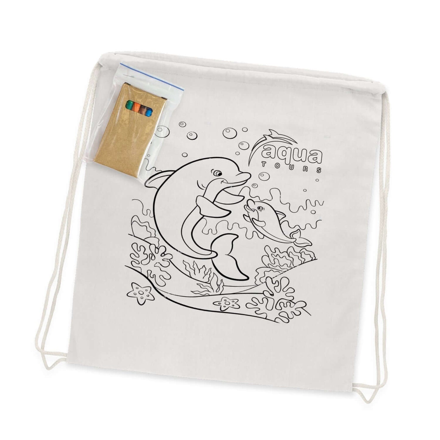 Cotton Colouring Drawstring Backpack with dolphin design and crayon pack for creative personalization.