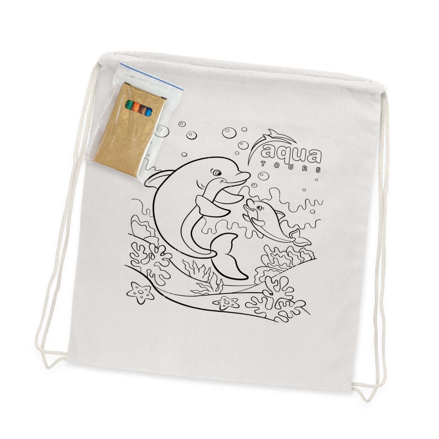 Cotton Colouring Drawstring Backpack with dolphin design and crayon pack for creative personalization.