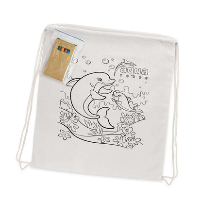 Cotton Colouring Drawstring Backpack with dolphin design and crayon pack for creative personalization.