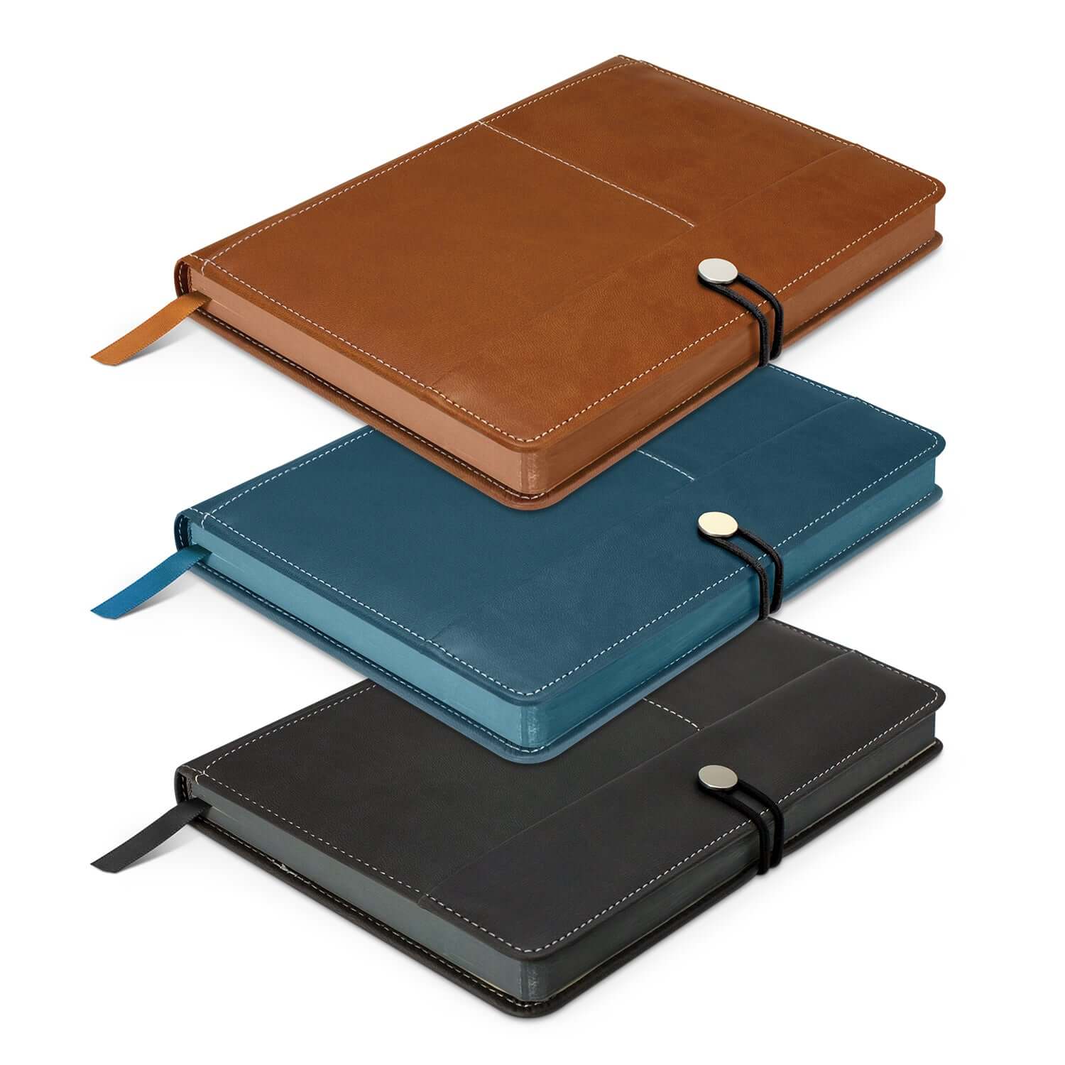 Melrose Notebook in three colors: brown, blue, and black, ideal for corporate gift and stylish note-taking.