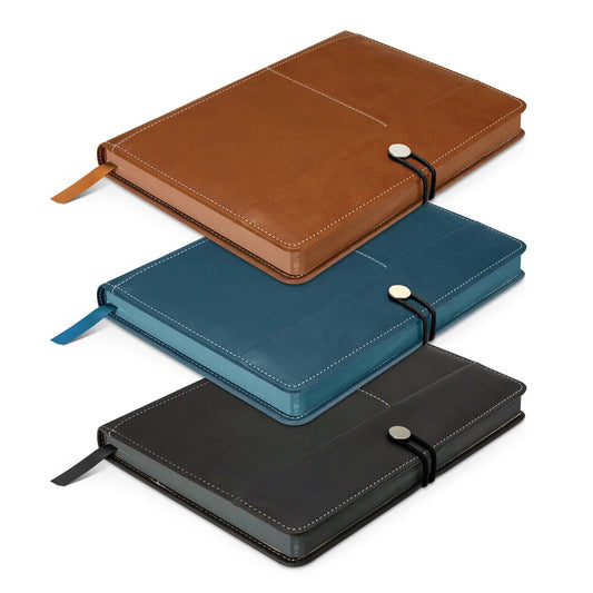 Melrose Notebook in three colors: brown, blue, and black, ideal for corporate gift and stylish note-taking.