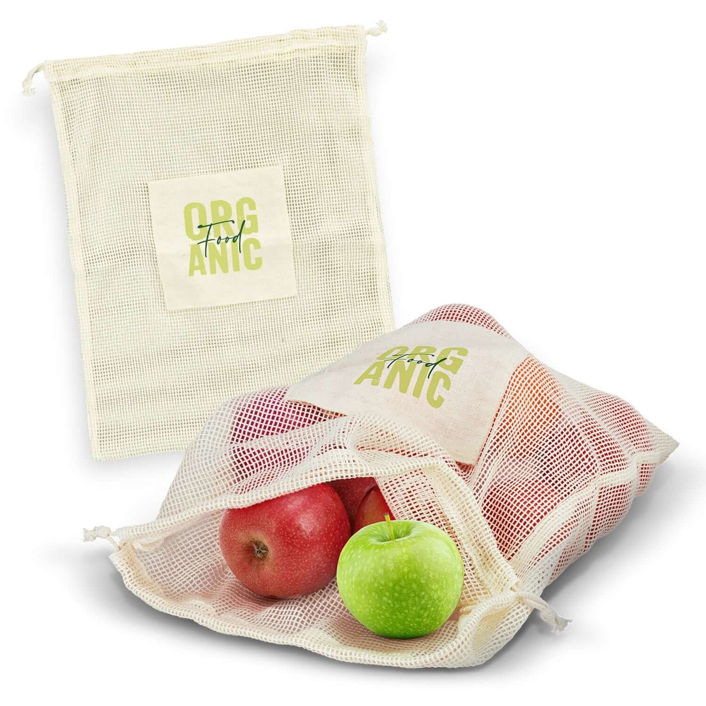 Cotton Produce Bag with apples inside, featuring a drawstring closure and branding patch, perfect for eco-conscious shoppers.