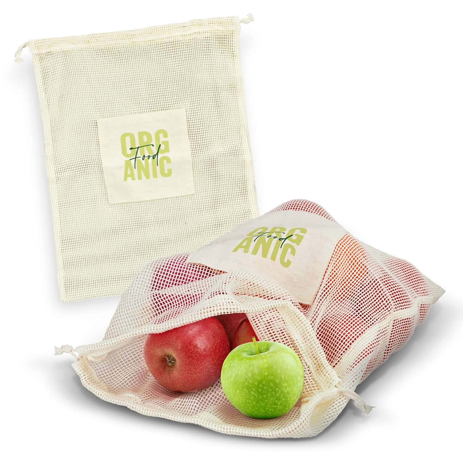 Cotton Produce Bag with apples inside, featuring a drawstring closure and branding patch, perfect for eco-conscious shoppers.