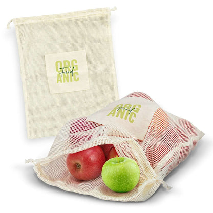 Cotton Produce Bag with apples inside, featuring a drawstring closure and branding patch, perfect for eco-conscious shoppers.