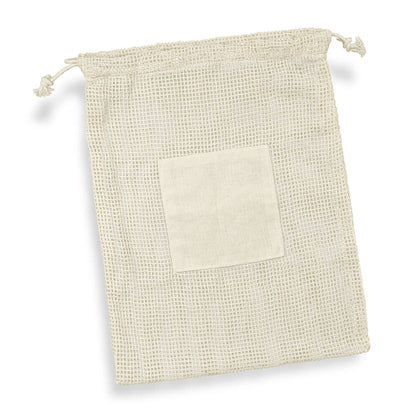 Cotton Produce Bag featuring unbleached mesh design and drawstring closure, perfect for eco-friendly shopping.