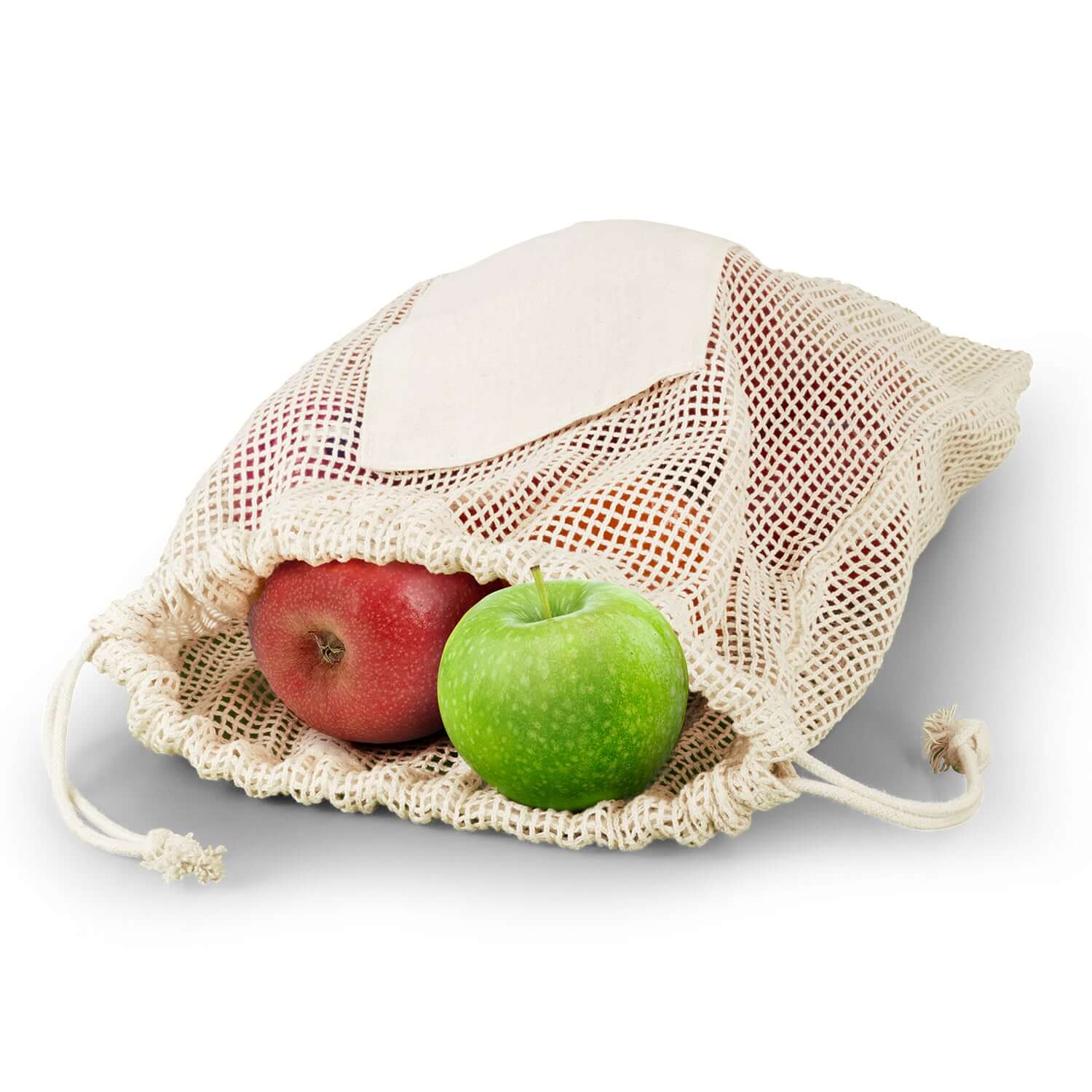 Cotton Produce Bag with red and green apples inside, showcasing its eco-friendly design and drawstring closure.