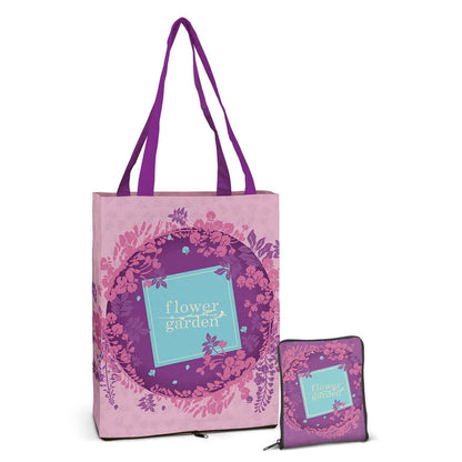 Dallas Compact Cotton Tote Bag in pink with floral design, includes zippered pouch for easy storage.
