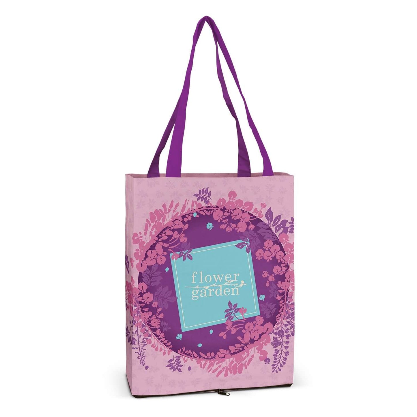 Dallas Compact Cotton Tote Bag in purple with flower garden design, perfect as a corporate gift.