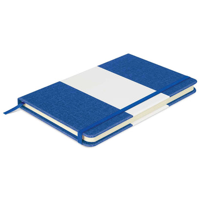 Alexis Notebook with blue heather-style cover and white PU, ideal for corporate gift and stylish note-taking.