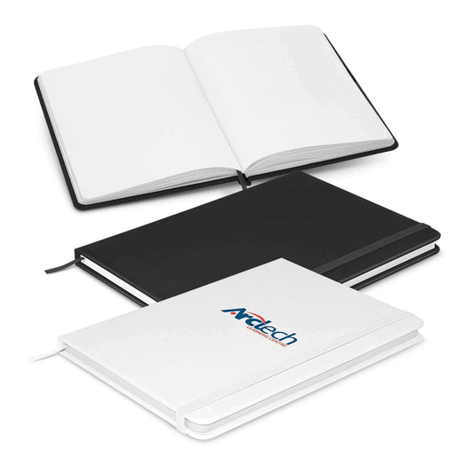Omega Unlined Notebook in black and white, showcasing unlined pages and sleek design, ideal as a corporate gift.