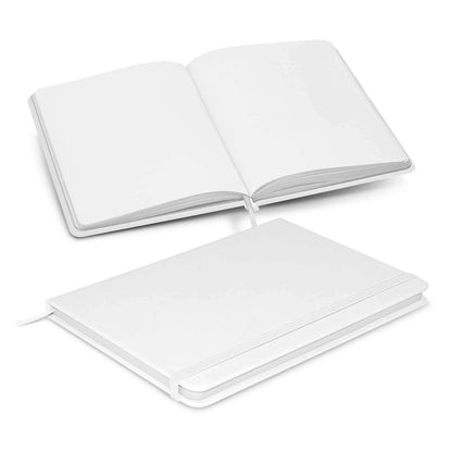 Omega Unlined Notebook featuring a durable cover, bookmark ribbon, and unlined pages, ideal for corporate gifts.