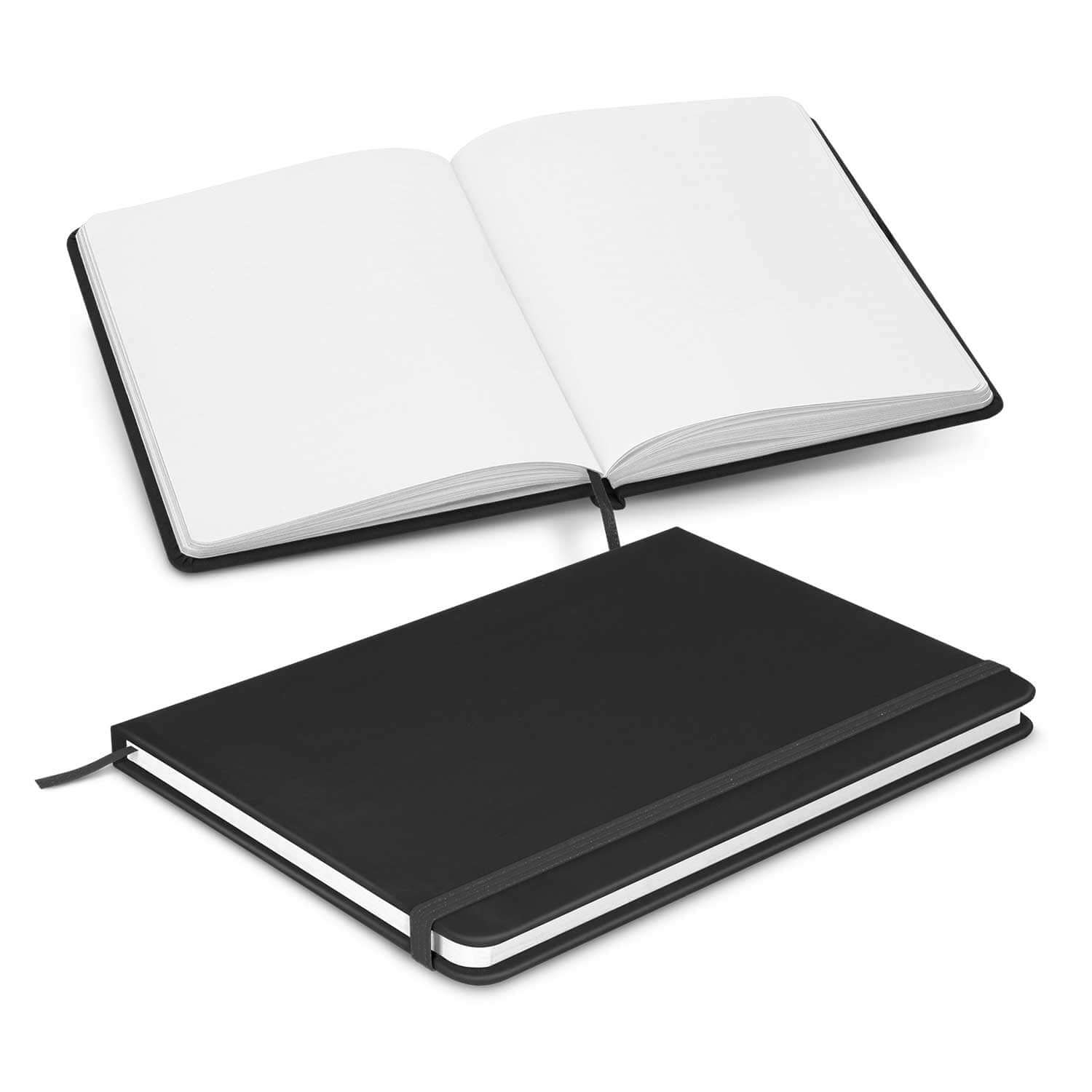 Omega Unlined Notebook with elastic closure and bookmark ribbon, perfect corporate gift for jotting thoughts.