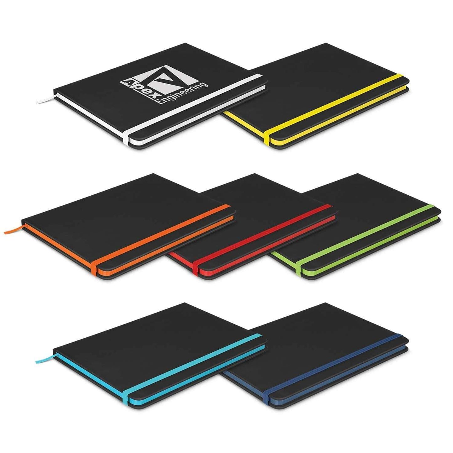 Omega Black Notebook stylish notepad with colored edges and elastic closure, perfect as a corporate gift.
