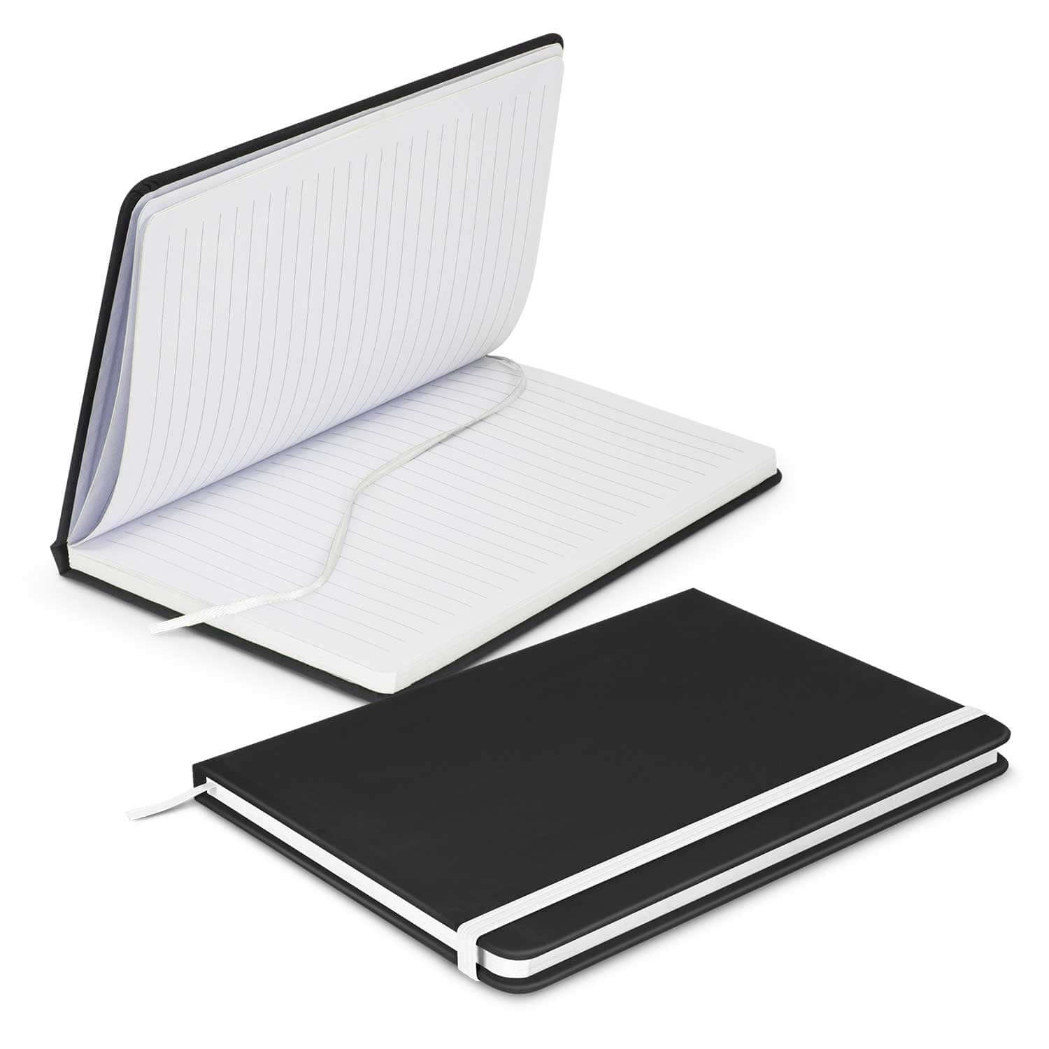 Omega Black Notebook open to lined pages, showcasing its elegant design, ideal for corporate gifts.
