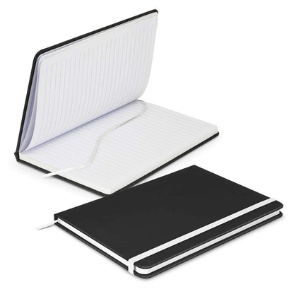 Omega Black Notebook open to lined pages, showcasing its elegant design, ideal for corporate gifts.