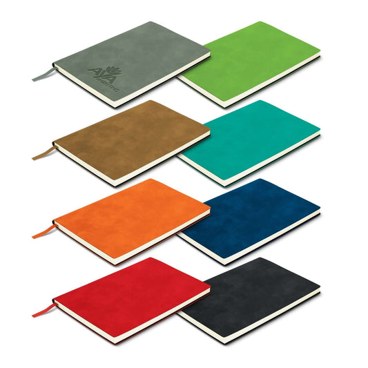 Genoa Soft Cover Notebook in various colors including green, brown, blue, orange, red, black, and teal.