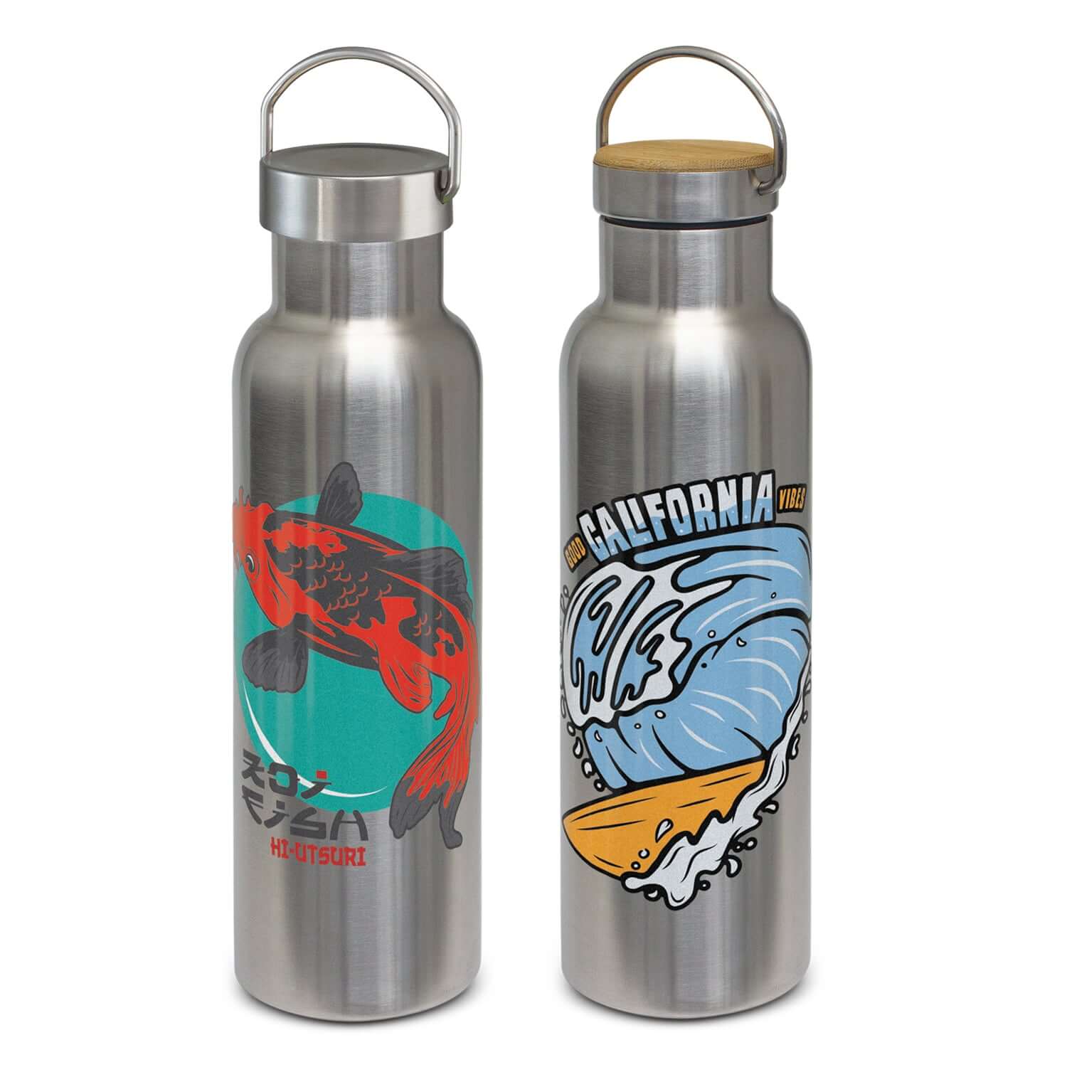 Nomad Deco Vacuum Bottle - Stainless with fish and wave designs, perfect for gifting and stylish hydration.