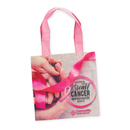 Chelsea Cotton Gift Bag featuring pink ribbons for Breast Cancer Awareness Month.