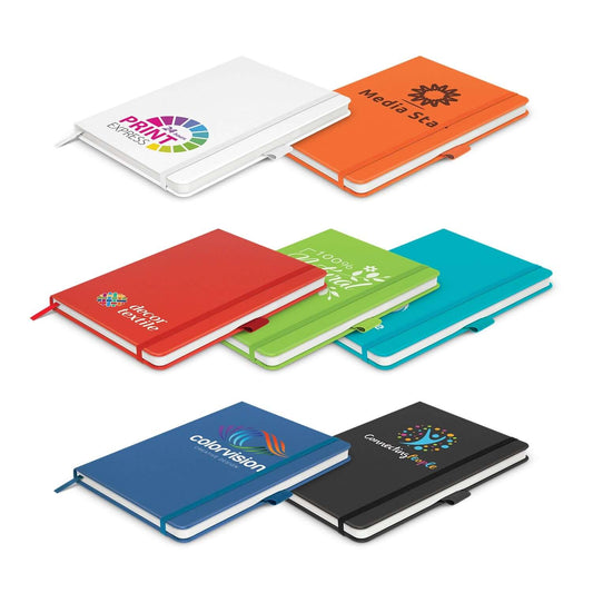Colorful Kingston Notebooks featuring stylish hard covers, perfect as corporate gifts, with various colors including Off White and Red.
