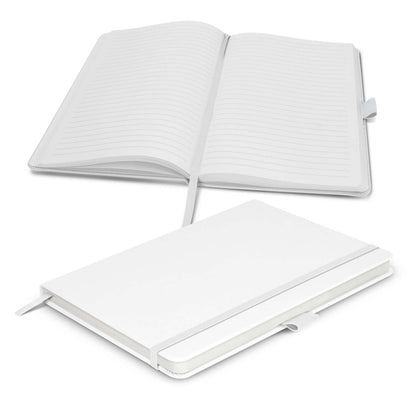 Kingston Notebook with a stylish white PU cover and lined pages, ideal for corporate gifts.