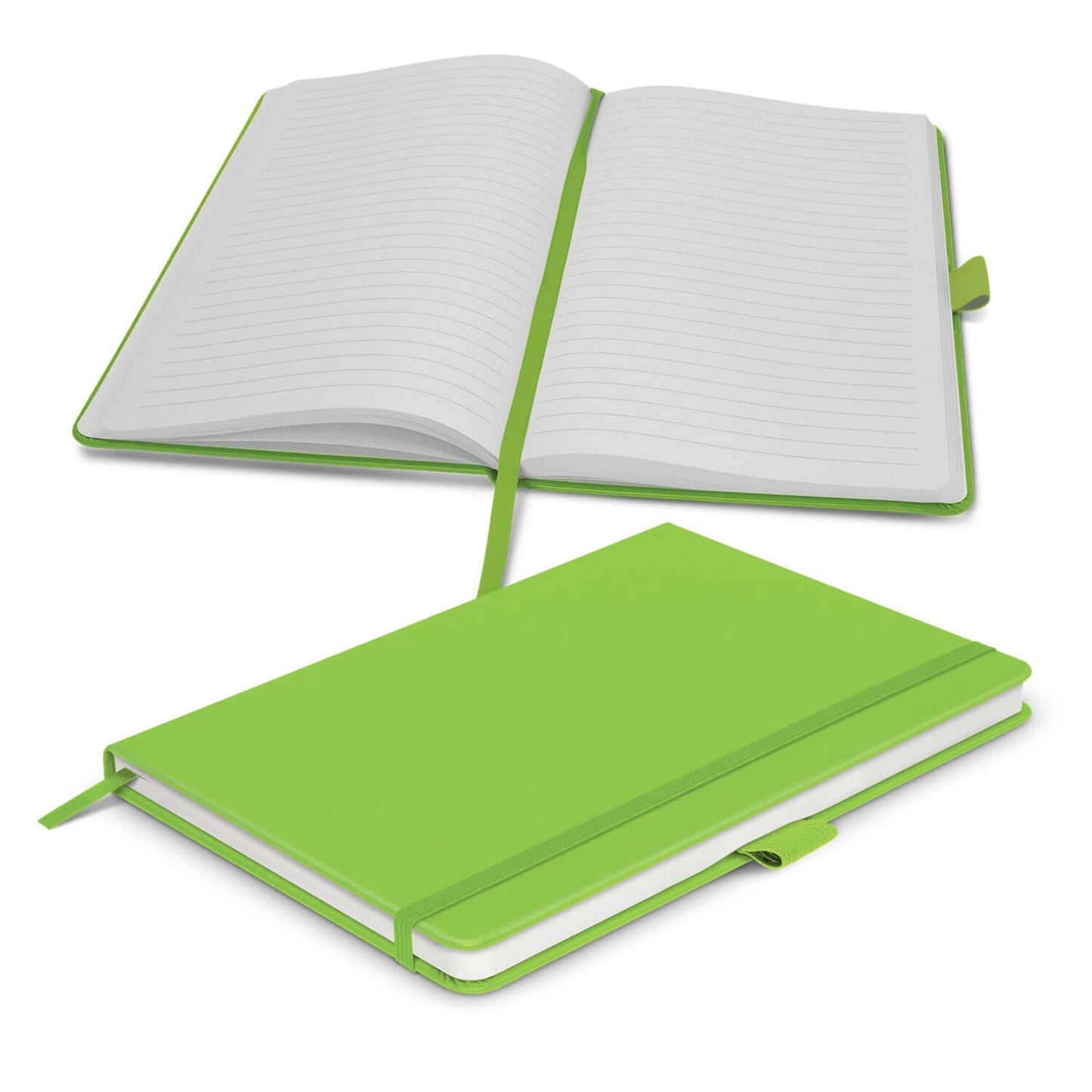 Kingston Notebook in vibrant green, featuring lined pages, elastic closure, and bookmark ribbon, ideal as a Corporate Gift.