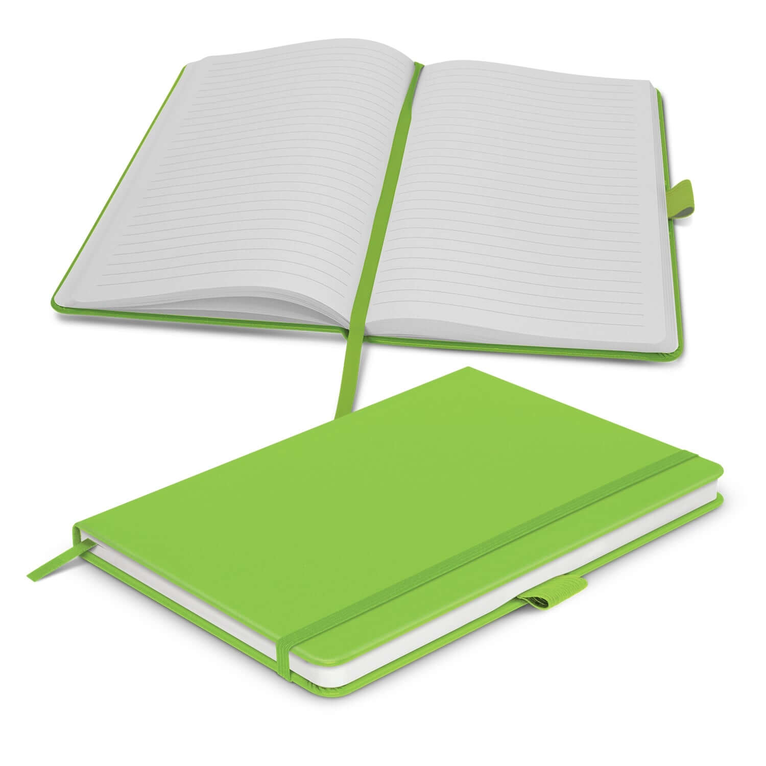 Kingston Notebook in vibrant green, featuring lined pages, elastic closure, and bookmark ribbon, ideal as a Corporate Gift.