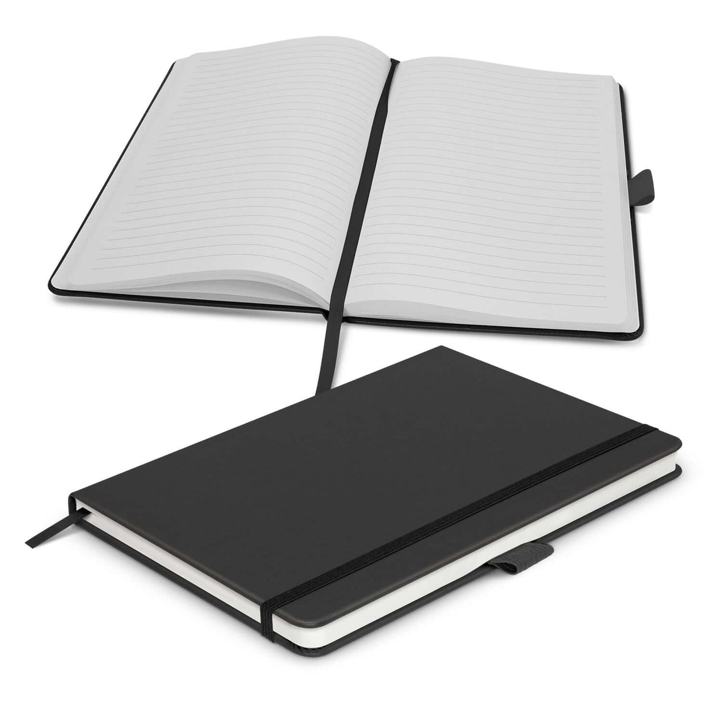 Kingston Notebook with a stylish black hard cover, open showcasing lined pages, elastic closure, and bookmark ribbon.