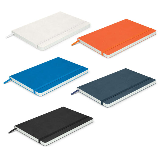 Hudson Notebook collection in various colors including orange, blue, navy, black, and white suitable as a Corporate Gift.