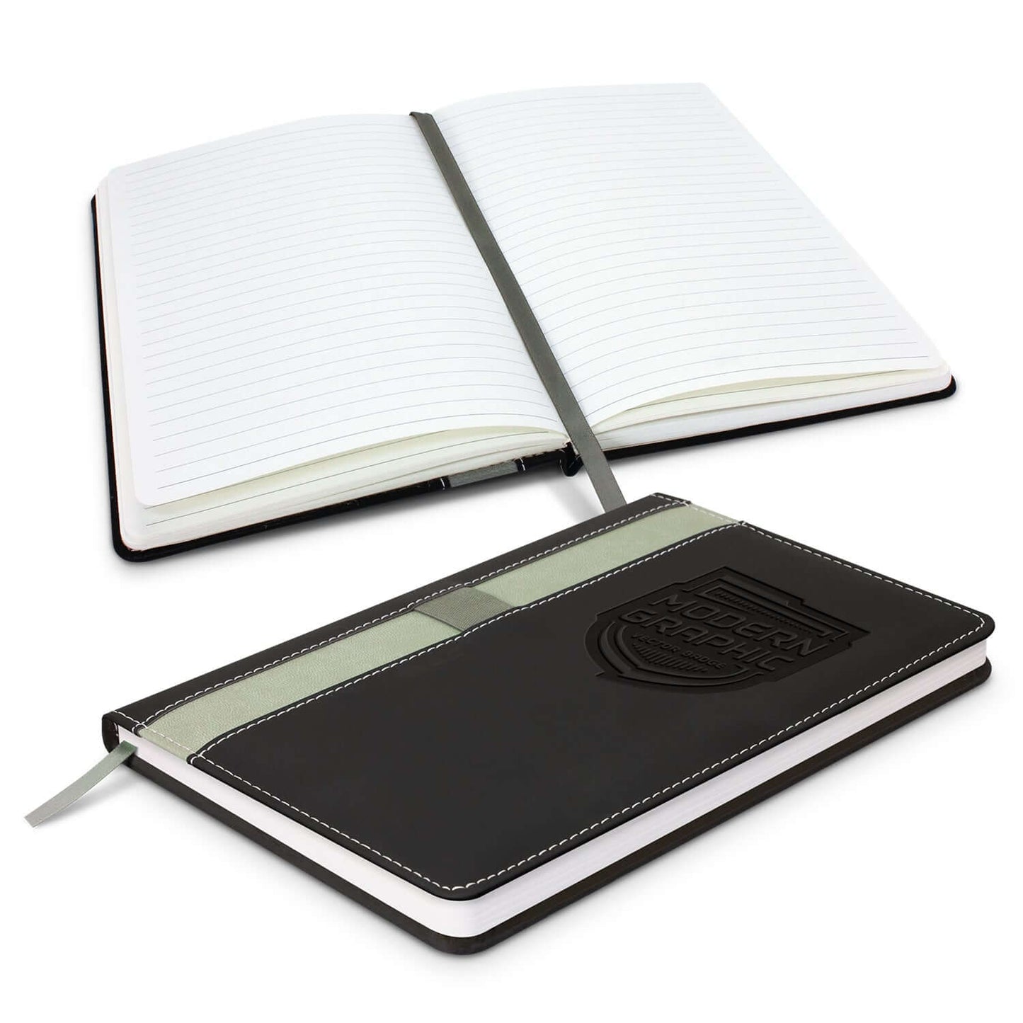 Prescott Notebook open with lined pages and hard stitched PU cover, ideal for corporate gift.